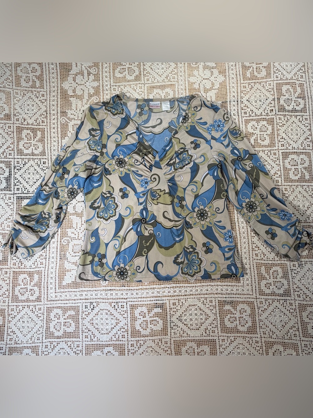 No Boundaries Vtg Green & Blue Paisley Stretchy BabyDoll Blouse Juniors XL